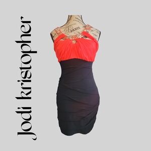Jodi Kristopher Red Black Sleeveless Halter Mini Dress